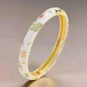 Flower Enamel Cloisonne Bracelet Bangle in White Base